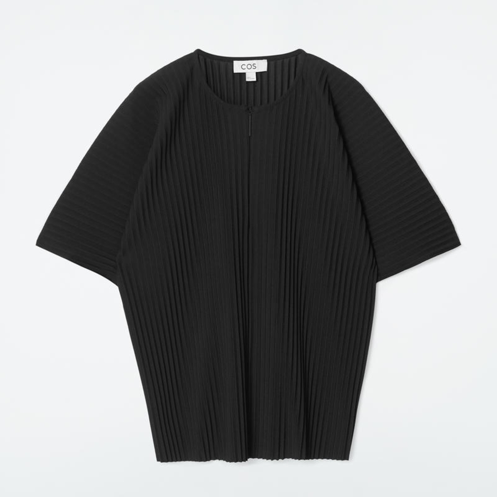 COS Plissé Top Black Pleated Boxy Minimalist Top Size S